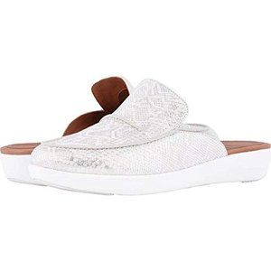 FITFLOP Women's Serene Python Urban White/Silver Leather Pointed Mules Size 6.5